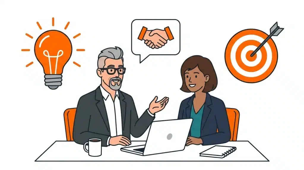 Rappresentazione grafica di un incontro su come diventare un coach dedicato alla crescita personale con icone di creatività, collaborazione e obiettivi raggiunti.